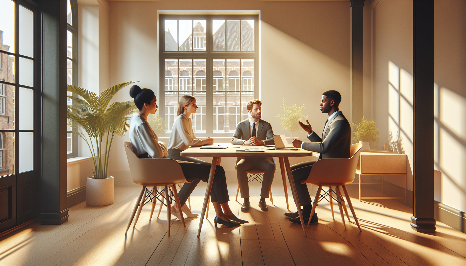 Drie collega's in een open kantoor in Brugge bespreken een meningsverschil aan een tafel met laptop en notities, beeld over constructief conflict