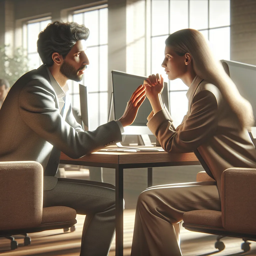 Leider en medewerker in rustig gesprek over empathie op de werkvloer