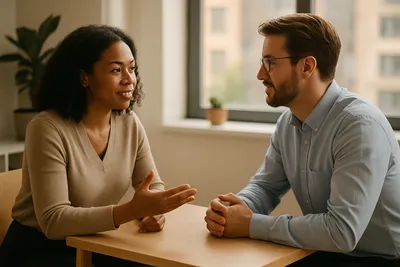 Twee collega's in gesprek aan een tafel, illustratie van grenzen stellen op het werk zonder de verbinding te verbreken