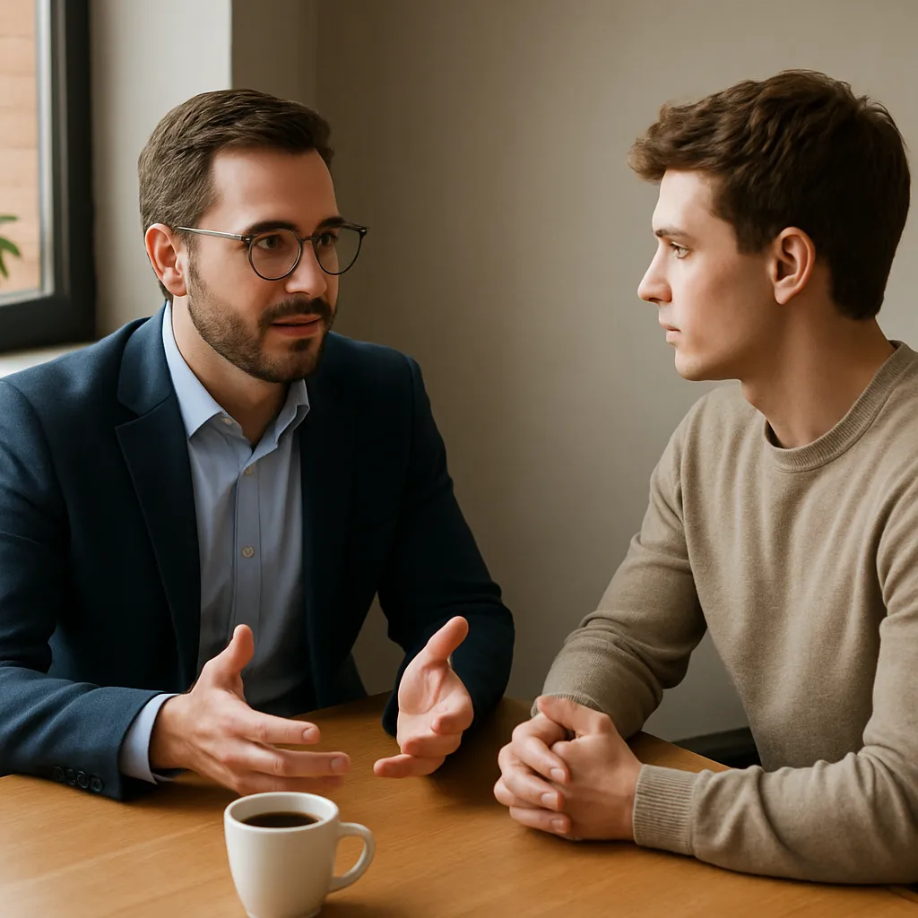 Een leidinggevende en medewerker in gesprek aan een werktafel, met aandachtige lichaamstaal en wederzijds respect