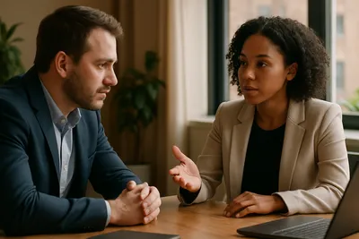 Twee collega's in een open en eerlijk werkgesprek over een moeilijk thema