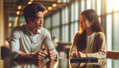 Twee collega's in een open en verbindend gesprek op het werk over conflicthantering