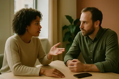 Twee collega's in gesprek aan een tafel, aandachtig omgaan met meningsverschillen door naar elkaar te luisteren