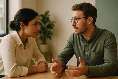 Twee collega's in gesprek die openstaan voor elkaars mening tijdens een meningsverschil op het werk