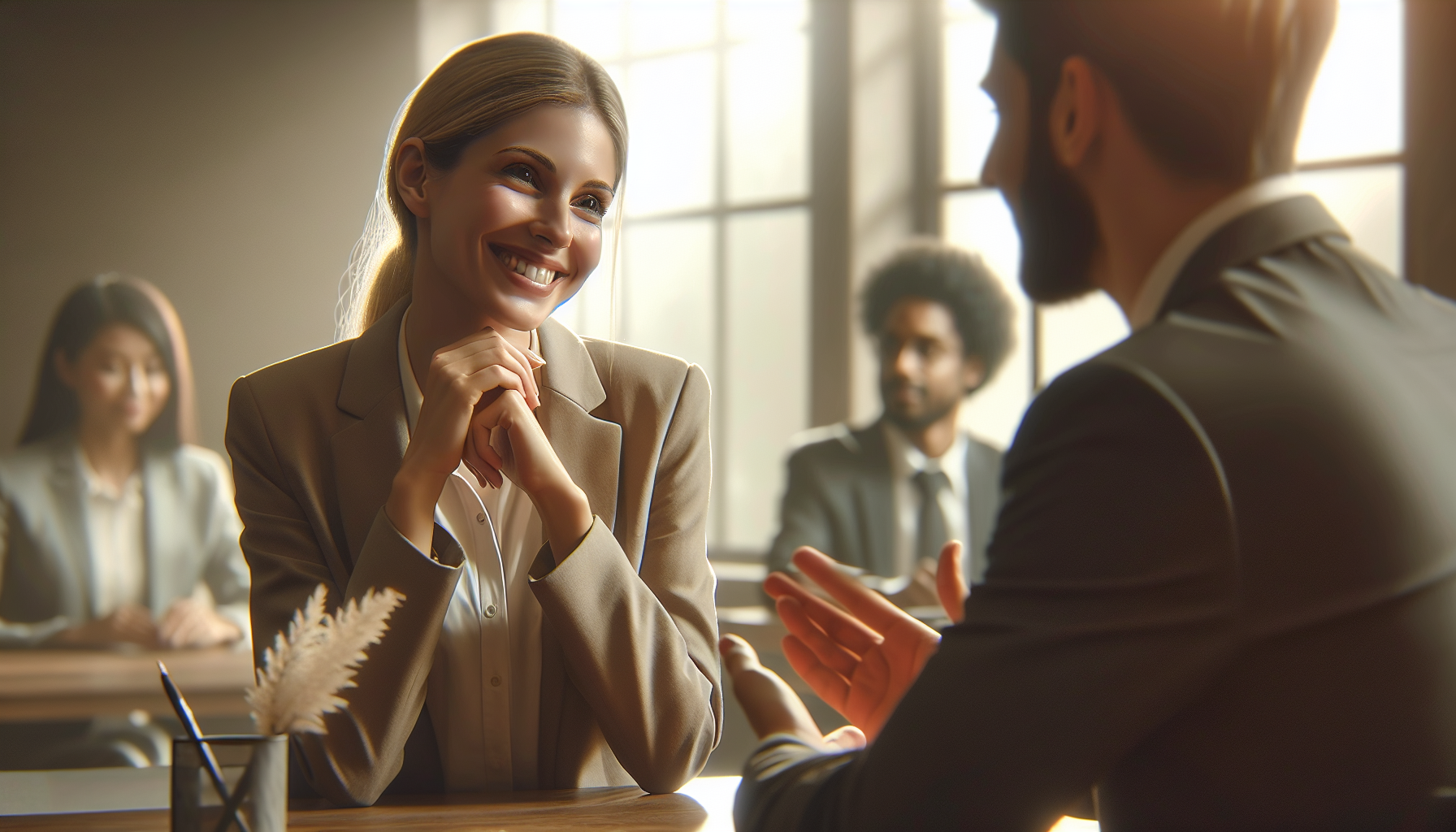 Collega's in gesprek die positieve feedback delen op het werk