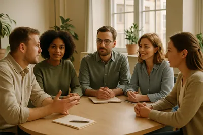 Team in overleg rond een tafel, bezig met teamdynamiek verbeteren door samen naar het patroon te kijken