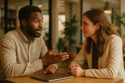 Twee collega's in een verbindend gesprek aan tafel, voorbeeld van verbindende communicatie op het werk