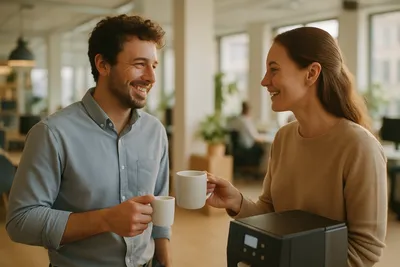 Twee collega's die even contact maken bij de koffieautomaat, een klein moment van verbinding op de werkvloer